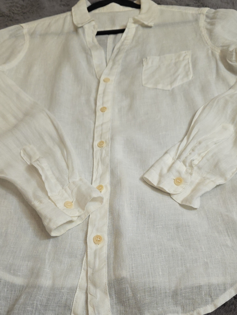CP Shades V Neck Collar White Textured Linen Button-Down Shirt Medium
